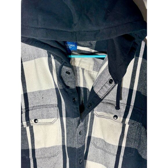 Arizona Jean Co Flannel Shirt Jacket Black White Plaid Hooded Button‑Up M - Picture 3 of 5